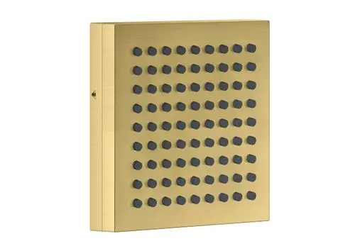 Brass-farbenes Duschpaneel mit gleichmäßig angeordneten schwarzen Bedienknöpfen, hergestellt von AXOR, für eine Schulterbrause. Schlichte und funktionale Gestaltung.